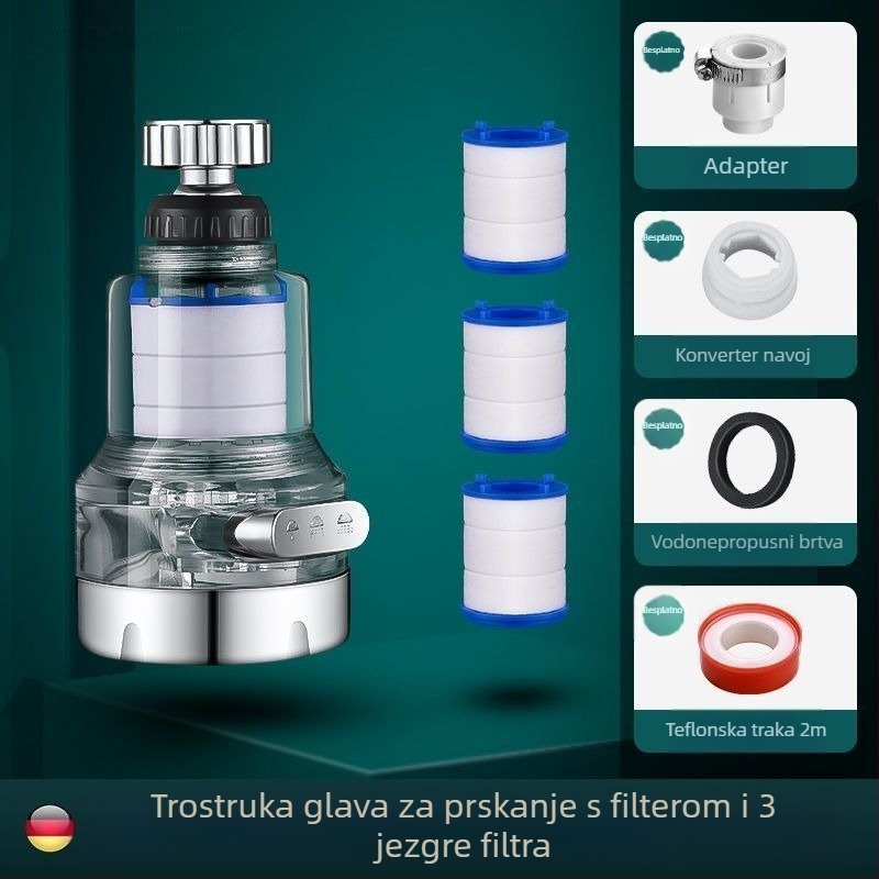 Kran s filtrima za kućnu upotrebu s trostrukim univerzalnim spojem, protiv prskanja. Materijal: ABS; Model: 22/24 mm; Površinska obrada: elektroplating; Ugradnja: zavrtanje s obratom; Radna temperatura: 0–80°C; Nazivni tlak: 1 bar.