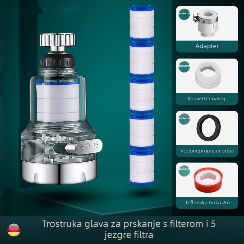 Kran s filtrima za kućnu upotrebu s trostrukim univerzalnim spojem, protiv prskanja. Materijal: ABS; Model: 22/24 mm; Površinska obrada: elektroplating; Ugradnja: zavrtanje s obratom; Radna temperatura: 0–80°C; Nazivni tlak: 1 bar.