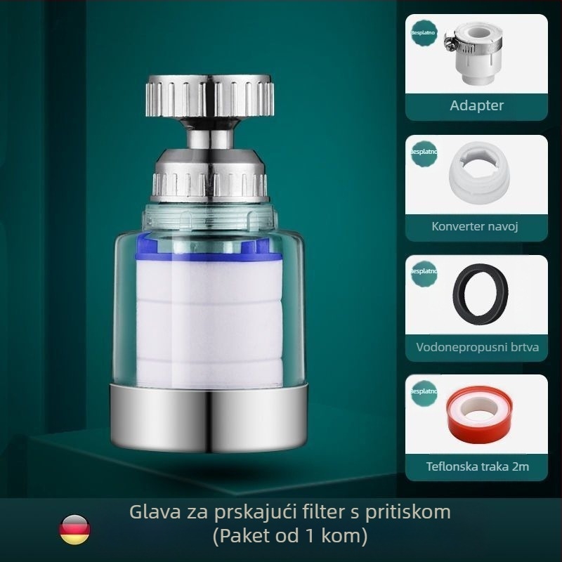 Kran s filtrima za kućnu upotrebu s trostrukim univerzalnim spojem, protiv prskanja. Materijal: ABS; Model: 22/24 mm; Površinska obrada: elektroplating; Ugradnja: zavrtanje s obratom; Radna temperatura: 0–80°C; Nazivni tlak: 1 bar.