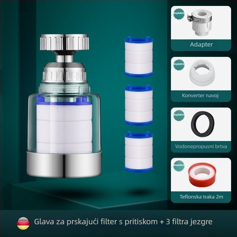 Kran s filtrima za kućnu upotrebu s trostrukim univerzalnim spojem, protiv prskanja. Materijal: ABS; Model: 22/24 mm; Površinska obrada: elektroplating; Ugradnja: zavrtanje s obratom; Radna temperatura: 0–80°C; Nazivni tlak: 1 bar.