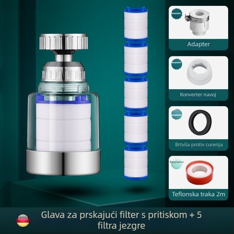 Kran s filtrima za kućnu upotrebu s trostrukim univerzalnim spojem, protiv prskanja. Materijal: ABS; Model: 22/24 mm; Površinska obrada: elektroplating; Ugradnja: zavrtanje s obratom; Radna temperatura: 0–80°C; Nazivni tlak: 1 bar.