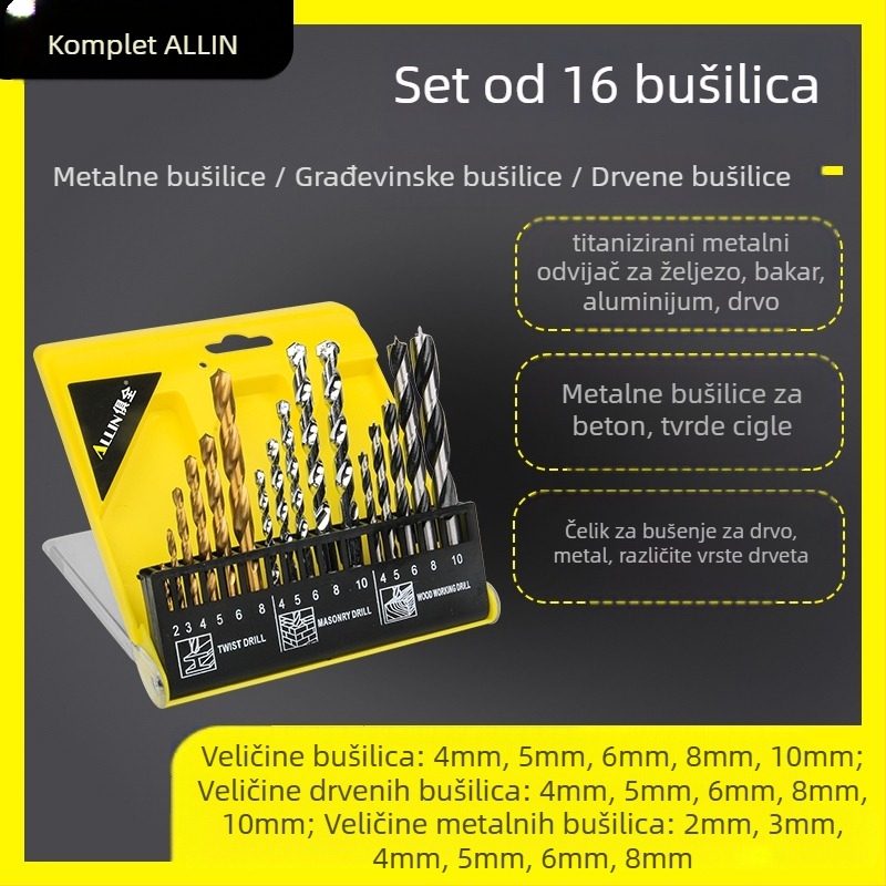 Višestruki set spiralnih bušilica za drvo i građevinarstvo; pogodan za keramičke pločice i staklo; uključuje biteve za odvijač i reamer