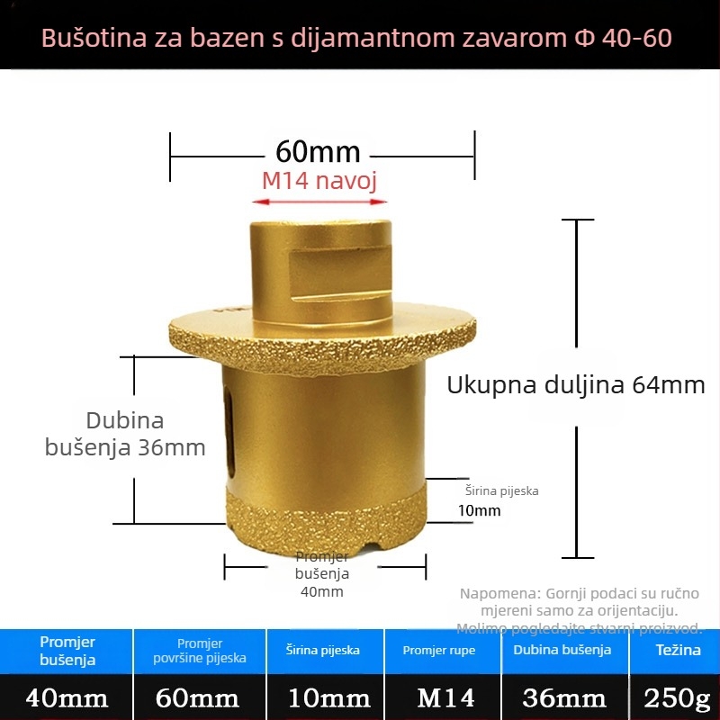 Meier Shield MH0189 Dijamantni kutni brusilnik za bušenje rupa na kamenim i keramičkim pločama — Braziranje, za preradu kamena