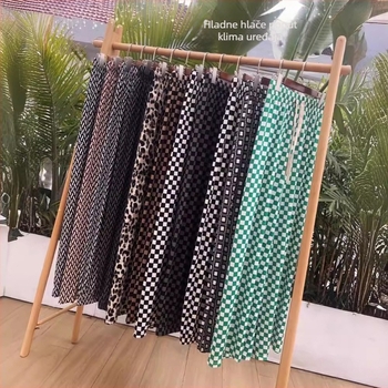 Ženske ljetne tanke široke hlače s visokim strukom, šahovnica uzorak, Ice Silk tkanina
