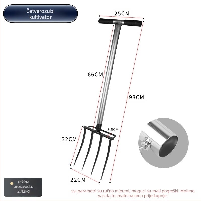Poljoprivredna vilica za kopanje tla s četiri zuba od mangan čelika, jedinstven integrirani dizajn, visoka tvrdoća, za kopanje luka, đumbira i češnjaka