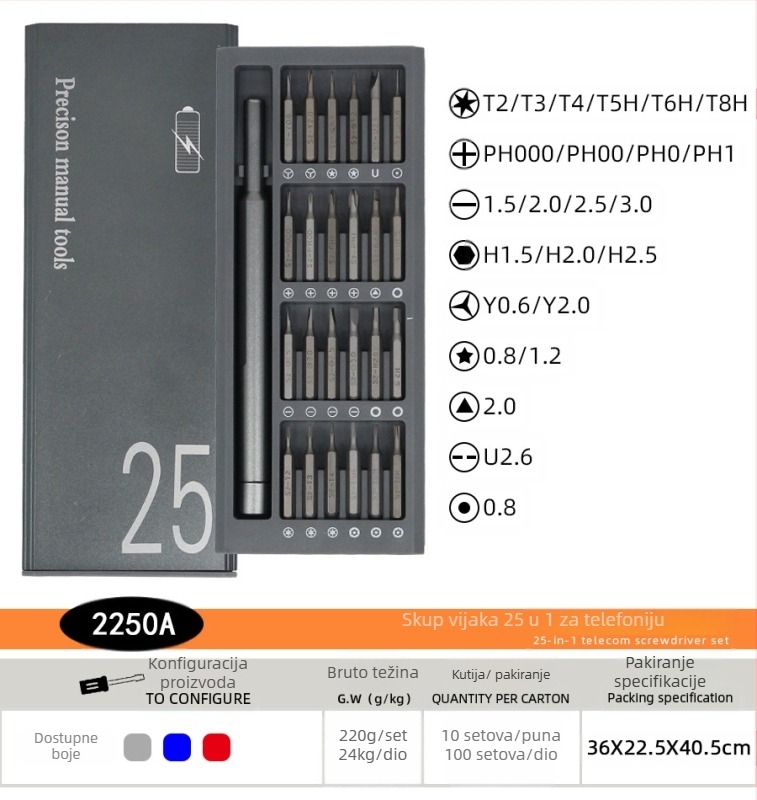 132-in-1 precizan set odvijača za mobitele, naočale i računala — krom-vanadijska čeli, magnetski, izolacija nije, težina 0.643, Shenggong Hardware