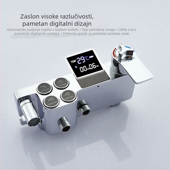 Tuš set s bakrenim tijelom, četvrtastog oblika, zidni montaža, funkcije: raspršivanje, regulacija temperature, kišni način; četiri razine inteligentne konstantne temperature s digitalnim zaslonom