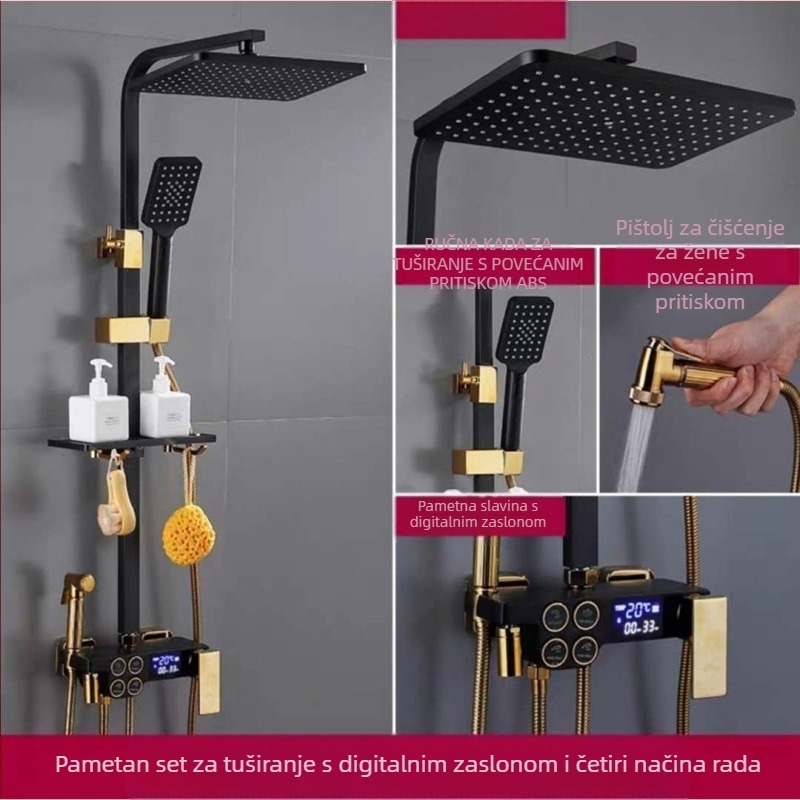 Tuš set s bakrenim tijelom, četvrtastog oblika, zidni montaža, funkcije: raspršivanje, regulacija temperature, kišni način; četiri razine inteligentne konstantne temperature s digitalnim zaslonom