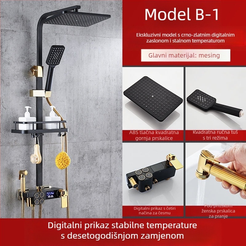 Tuš set s bakrenim tijelom, četvrtastog oblika, zidni montaža, funkcije: raspršivanje, regulacija temperature, kišni način; četiri razine inteligentne konstantne temperature s digitalnim zaslonom