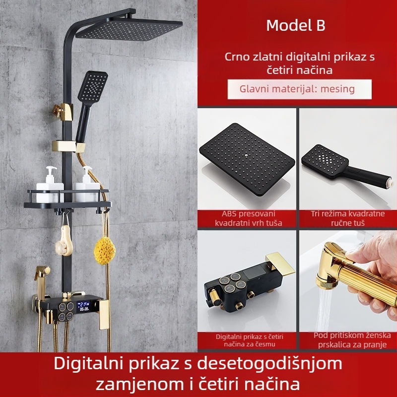 Tuš set s bakrenim tijelom, četvrtastog oblika, zidni montaža, funkcije: raspršivanje, regulacija temperature, kišni način; četiri razine inteligentne konstantne temperature s digitalnim zaslonom