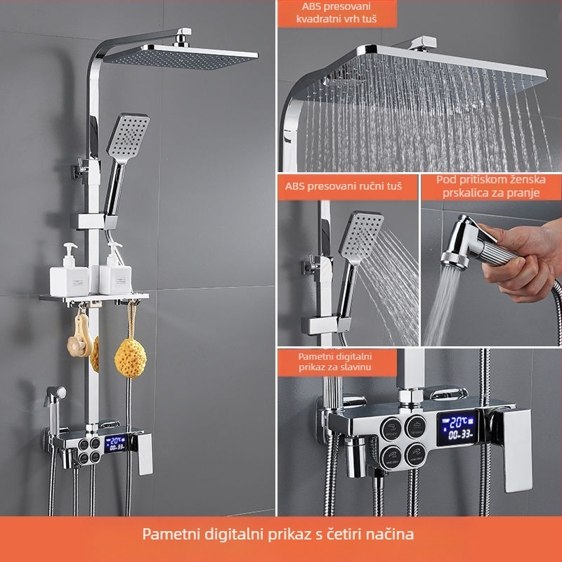 Tuš set s bakrenim tijelom, četvrtastog oblika, zidni montaža, funkcije: raspršivanje, regulacija temperature, kišni način; četiri razine inteligentne konstantne temperature s digitalnim zaslonom