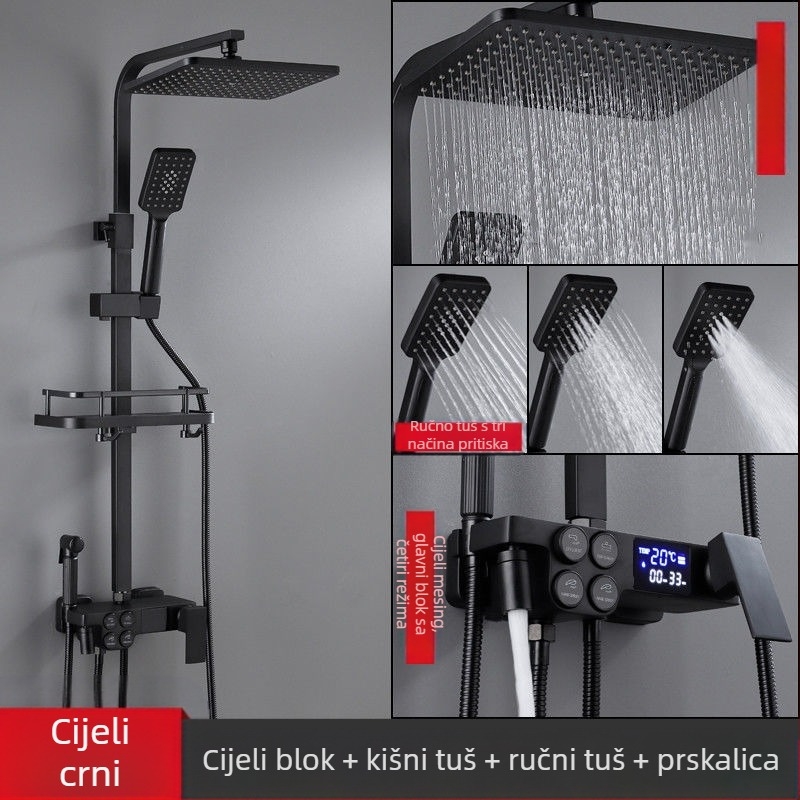 Tuš set s bakrenim tijelom, četvrtastog oblika, zidni montaža, funkcije: raspršivanje, regulacija temperature, kišni način; četiri razine inteligentne konstantne temperature s digitalnim zaslonom