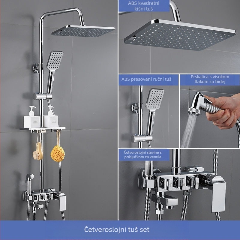 Tuš set s bakrenim tijelom, četvrtastog oblika, zidni montaža, funkcije: raspršivanje, regulacija temperature, kišni način; četiri razine inteligentne konstantne temperature s digitalnim zaslonom