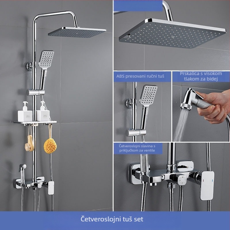 Tuš set s bakrenim tijelom, četvrtastog oblika, zidni montaža, funkcije: raspršivanje, regulacija temperature, kišni način; četiri razine inteligentne konstantne temperature s digitalnim zaslonom