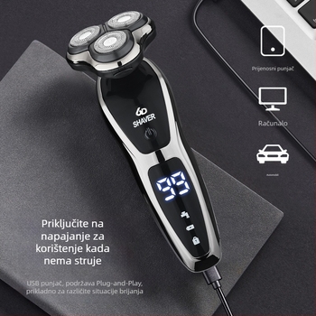 Električni brijač za muškarce s rotacijskom glavom od 3 oštrice, ugrađena baterija 500–800 mAh, bez četkica motor, punjiv, periv za cijelo tijelo, LED zaslon, plutajuća glava