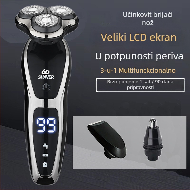 Električni brijač za muškarce s rotacijskom glavom od 3 oštrice, ugrađena baterija 500–800 mAh, bez četkica motor, punjiv, periv za cijelo tijelo, LED zaslon, plutajuća glava