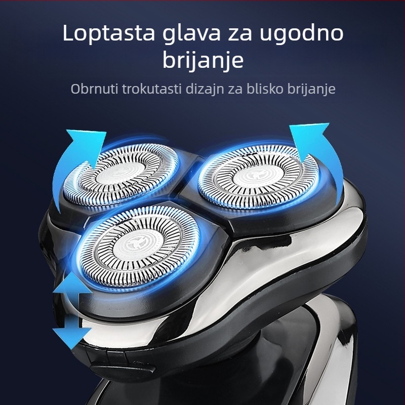 Električni brijač za muškarce s rotacijskom glavom od 3 oštrice, ugrađena baterija 500–800 mAh, bez četkica motor, punjiv, periv za cijelo tijelo, LED zaslon, plutajuća glava