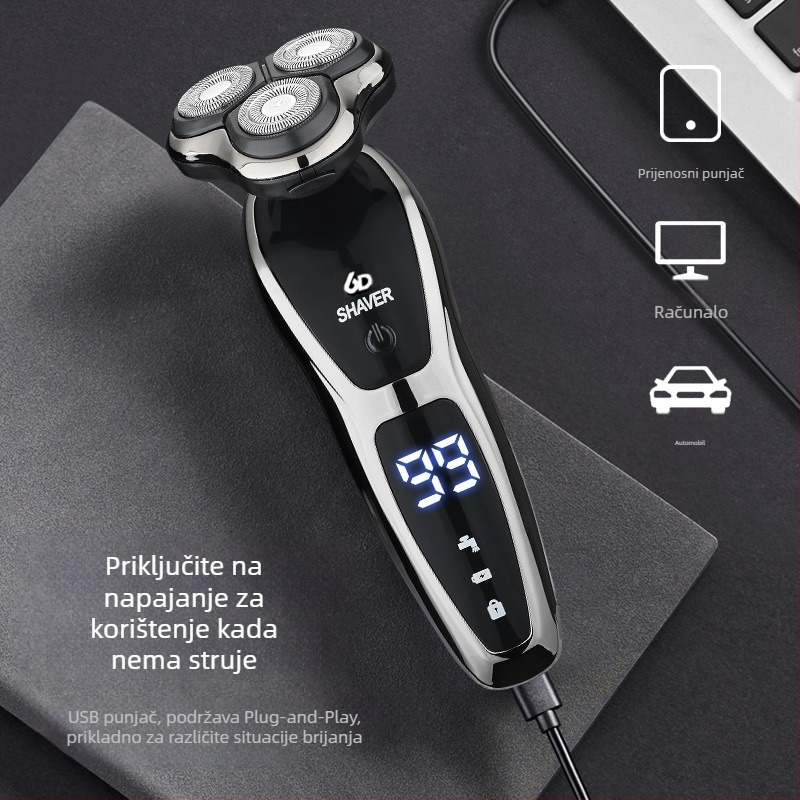 Električni brijač za muškarce s rotacijskom glavom od 3 oštrice, ugrađena baterija 500–800 mAh, bez četkica motor, punjiv, periv za cijelo tijelo, LED zaslon, plutajuća glava