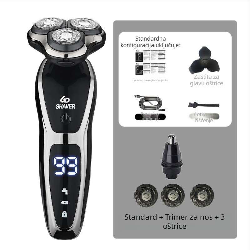 Električni brijač za muškarce s rotacijskom glavom od 3 oštrice, ugrađena baterija 500–800 mAh, bez četkica motor, punjiv, periv za cijelo tijelo, LED zaslon, plutajuća glava