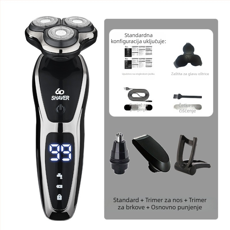 Električni brijač za muškarce s rotacijskom glavom od 3 oštrice, ugrađena baterija 500–800 mAh, bez četkica motor, punjiv, periv za cijelo tijelo, LED zaslon, plutajuća glava