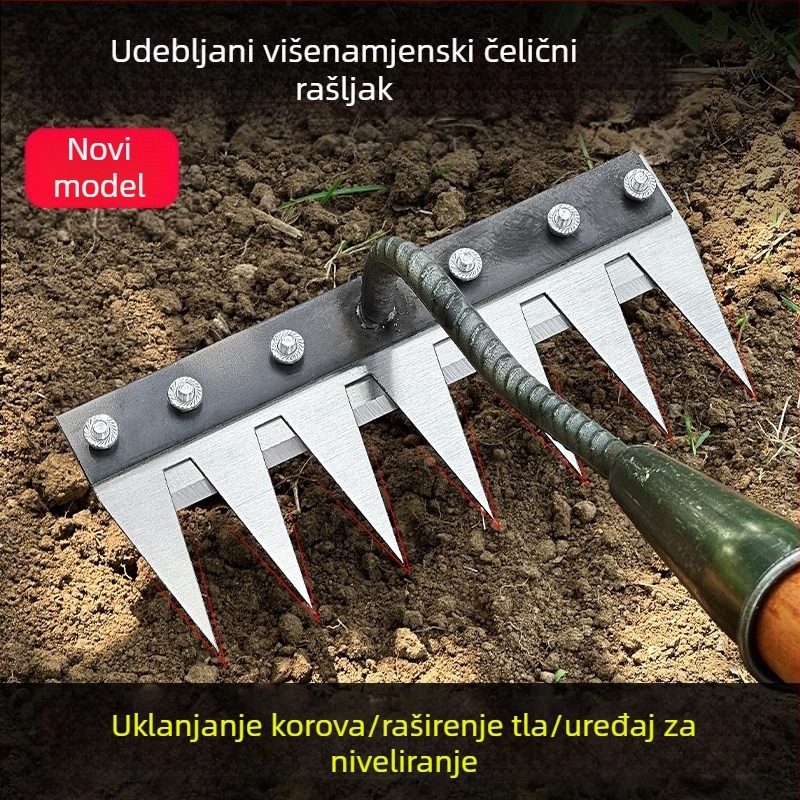 Višenamjenski alat za uklanjanje korova s integriranim grabljem i oštricom od mangan čelika za kućnu i poljoprivrednu upotrebu (obrtanje tla, prozračivanje)