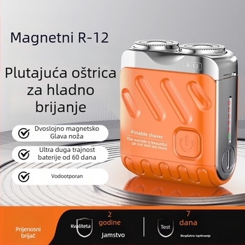 Mini prijenosni električni brijač s plutajućom glavom i rotirajućom glavom s dvije oštrice (ugrađena baterija 300–500 mAh, trajanje do 60 minuta, motor bez četkica)