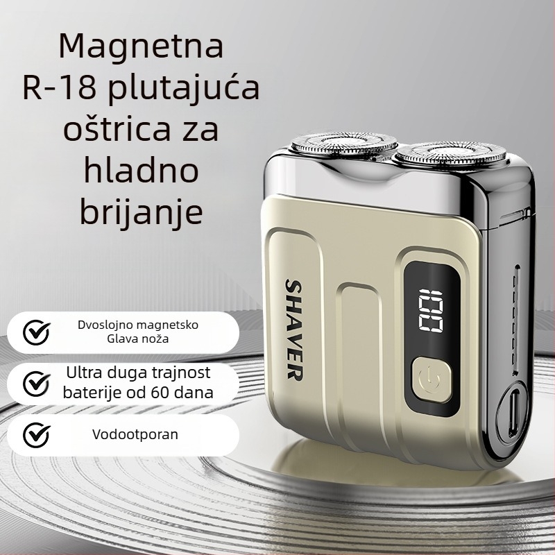 Mini prijenosni električni brijač s plutajućom glavom i rotirajućom glavom s dvije oštrice (ugrađena baterija 300–500 mAh, trajanje do 60 minuta, motor bez četkica)