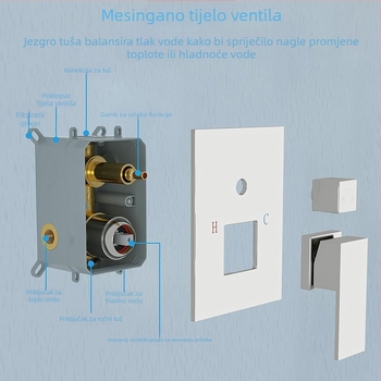 Tuš set s skrivenim zidnim montažom, bakreni materijal, kvadratni oblik, model FH-47, funkcije masaža i kiša