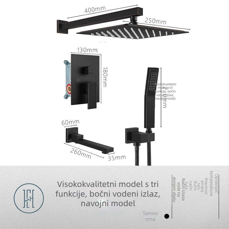Tuš set s skrivenim zidnim montažom, bakreni materijal, kvadratni oblik, model FH-47, funkcije masaža i kiša