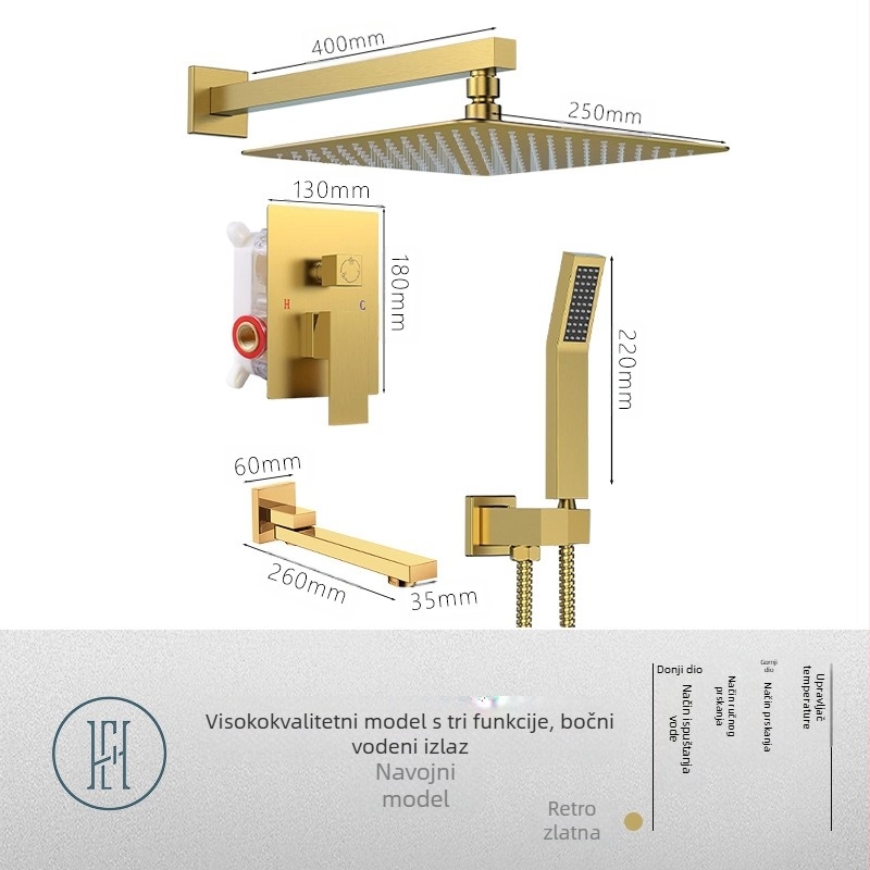 Tuš set s skrivenim zidnim montažom, bakreni materijal, kvadratni oblik, model FH-47, funkcije masaža i kiša