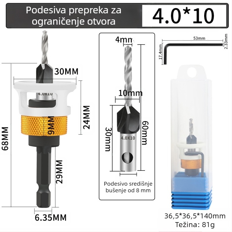 Četverostrani konusni bušil, glava od legura, podesiva dubina, korak bušenja