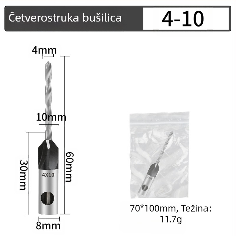 Četverostrani konusni bušil, glava od legura, podesiva dubina, korak bušenja