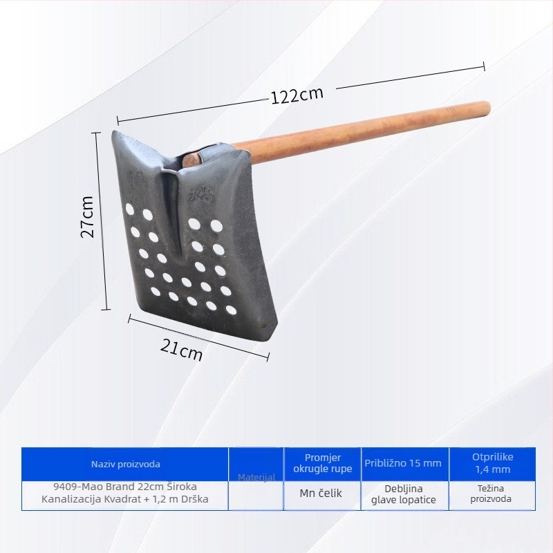 Lopata za čišćenje kanalizacije s uglačnom pravokutnom metalnom glavom – za čišćenje kanalizacije i rovova