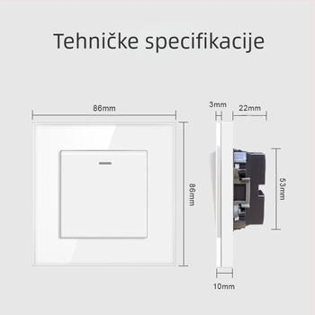 Zidni prekidač s panelom od kaljenog stakla, ugrađeni rocker prekidač, europski standard 86-type; 110-250V AC, 16A, razmak montažnih otvora 60x60 mm, kontakti od tin-fosfor bronze, radni vijek 100k ciklusa