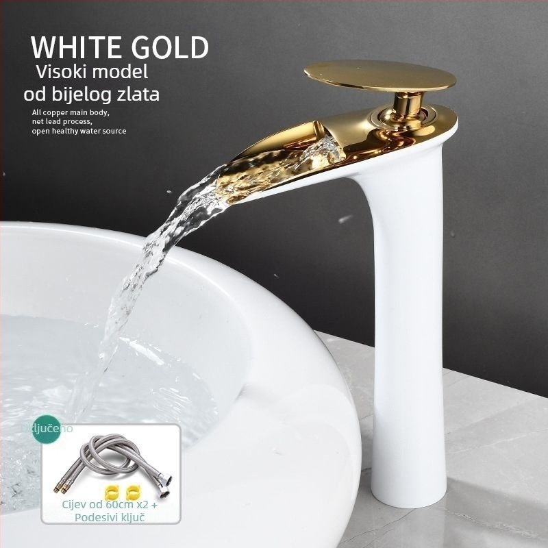 Bakrena slavina za umivaonik s toplom i hladnom vodom, montaža s jednom rupom, keramičko jezgro ventila, elektroplatinirani završetak