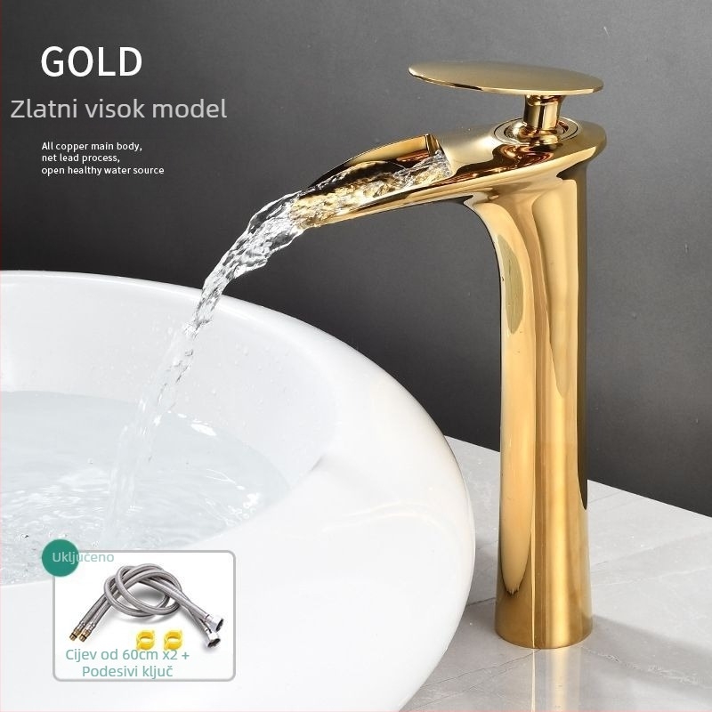 Bakrena slavina za umivaonik s toplom i hladnom vodom, montaža s jednom rupom, keramičko jezgro ventila, elektroplatinirani završetak