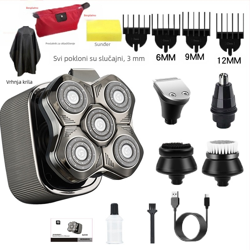 Električni brijač za muškarce s plutajućom glavom, ugrađena baterija 500–800 mAh, više od 60 minuta rada, bezčetkasti motor, punjenje i napajanje preko mreže