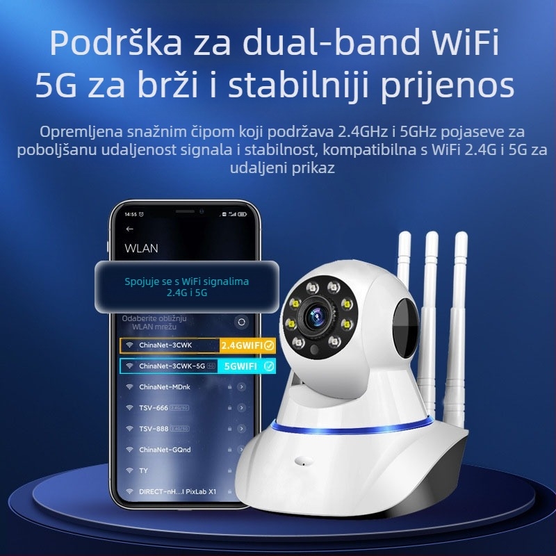 Pan-Tilt nadzorna kamera s Wi-Fi, 1080P noćni vid, daljinsko upravljanje, lokalno/oblacijsko pohranjivanje