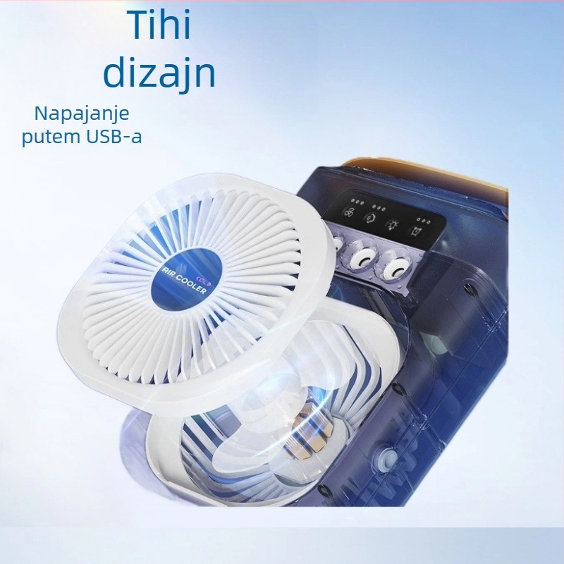 Stolni USB ventilator s funkcijom raspršivanja magle, daljinsko upravljanje, 3 lopatice, brushless motor, ugrađena baterija 4000-6000 mAh, USB napajanje, tih rad ≤36 dB, za cirkulaciju zraka