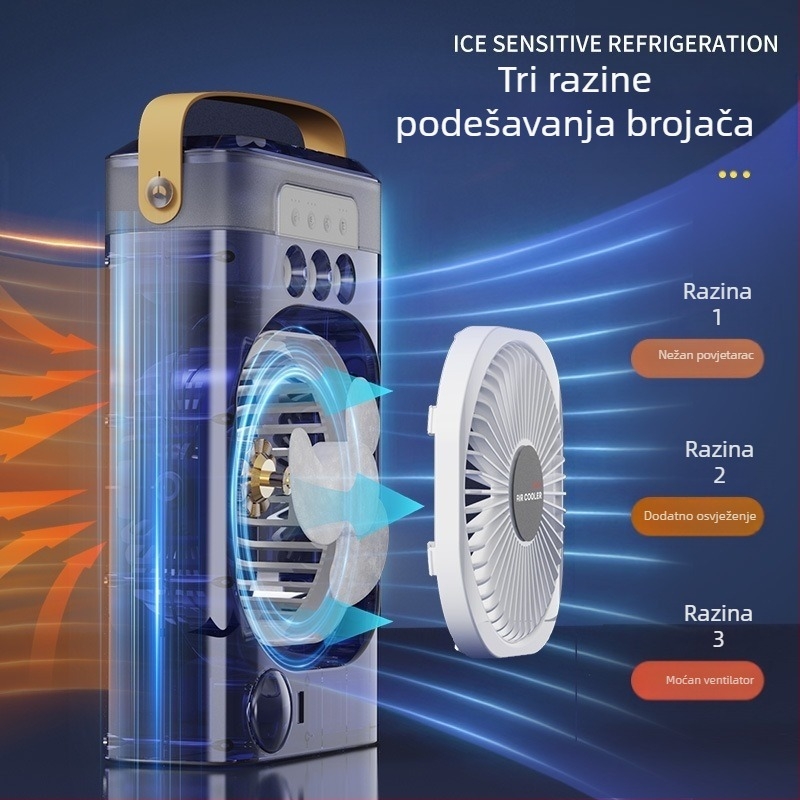 Stolni USB ventilator s funkcijom raspršivanja magle, daljinsko upravljanje, 3 lopatice, brushless motor, ugrađena baterija 4000-6000 mAh, USB napajanje, tih rad ≤36 dB, za cirkulaciju zraka