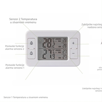 Bežični termometar za hladnjak, unutarnje i vanjsko mjerenje, dvokanalni, rezolucija 0,1°C, alarm