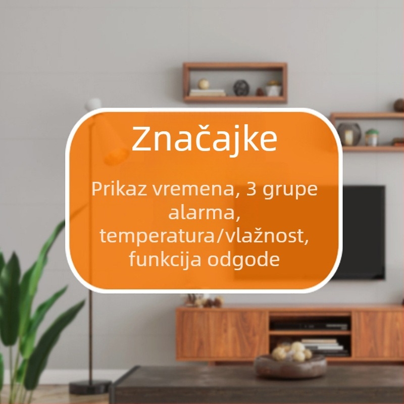 Elektronički budilnik s LCD prikazom, termometrom i higrometrom, tri alarma, napajanje baterijama, kućište ABS