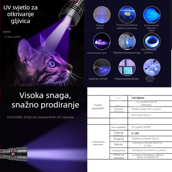 LED UV svjetiljka 365nm, Snaga 30, Li-ion baterija 1200mAh, Punjiva, Domet do 50m