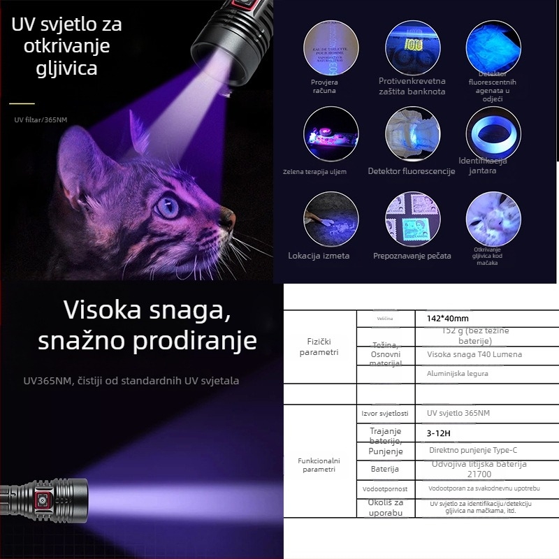 LED UV svjetiljka 365nm, Snaga 30, Li-ion baterija 1200mAh, Punjiva, Domet do 50m