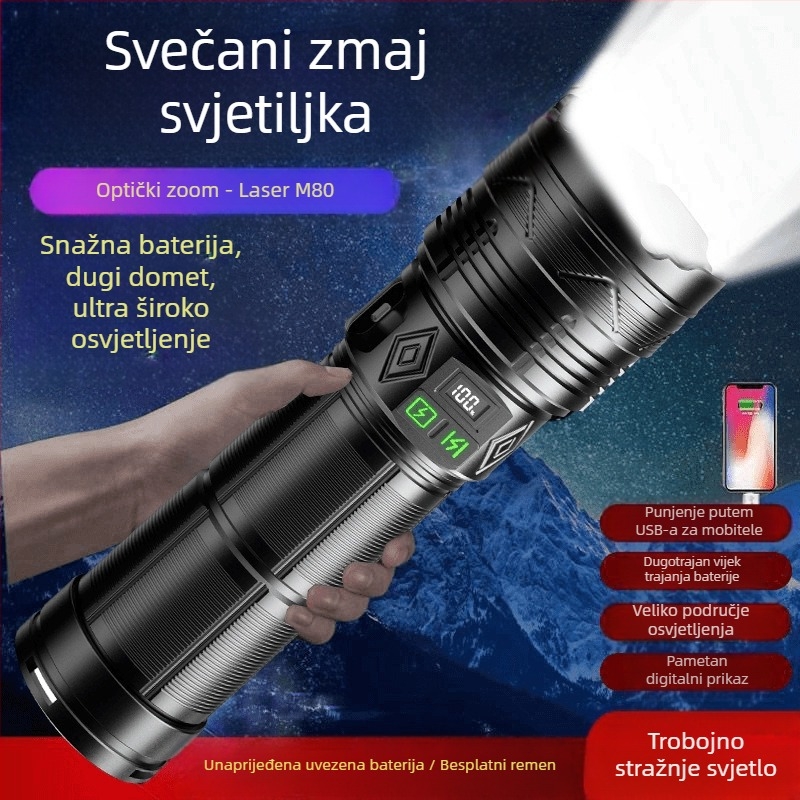 Vanjska COB LED radna svjetiljka, prijenosna, 6000 mAh, 30 W, domet >500 m, trajanje 4–7 h, ručno generiranje energije