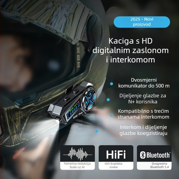 Bluetooth slušalica za motociklističku kacigu, ugrađena slušaljka, pogodna za polu i full-face kacigu, trajanje baterije 22 h, domet 10 m, Bluetooth 5.4, stereo zvuk