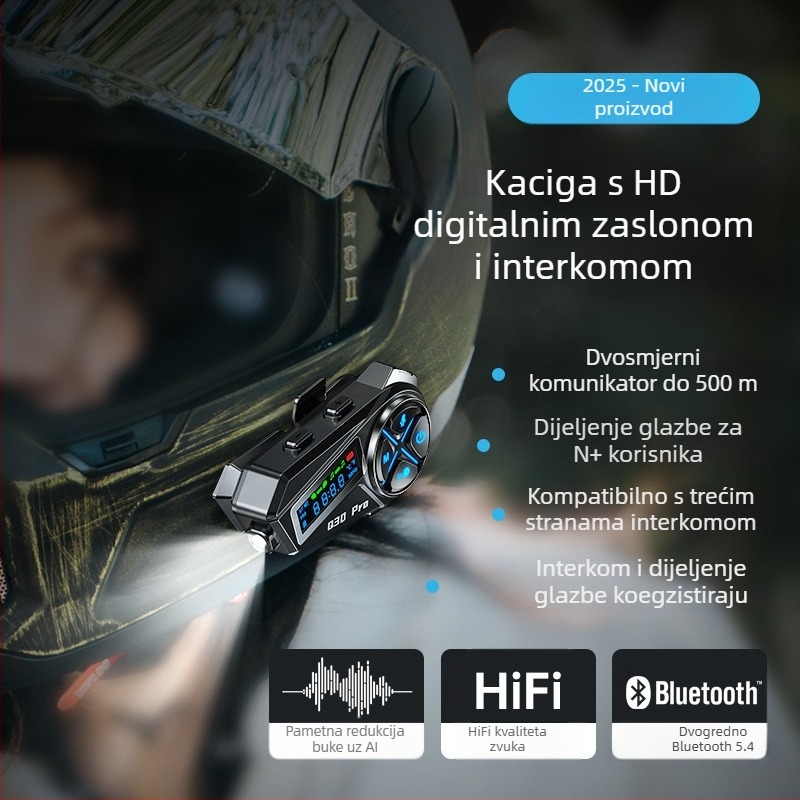 Bluetooth slušalica za motociklističku kacigu, ugrađena slušaljka, pogodna za polu i full-face kacigu, trajanje baterije 22 h, domet 10 m, Bluetooth 5.4, stereo zvuk