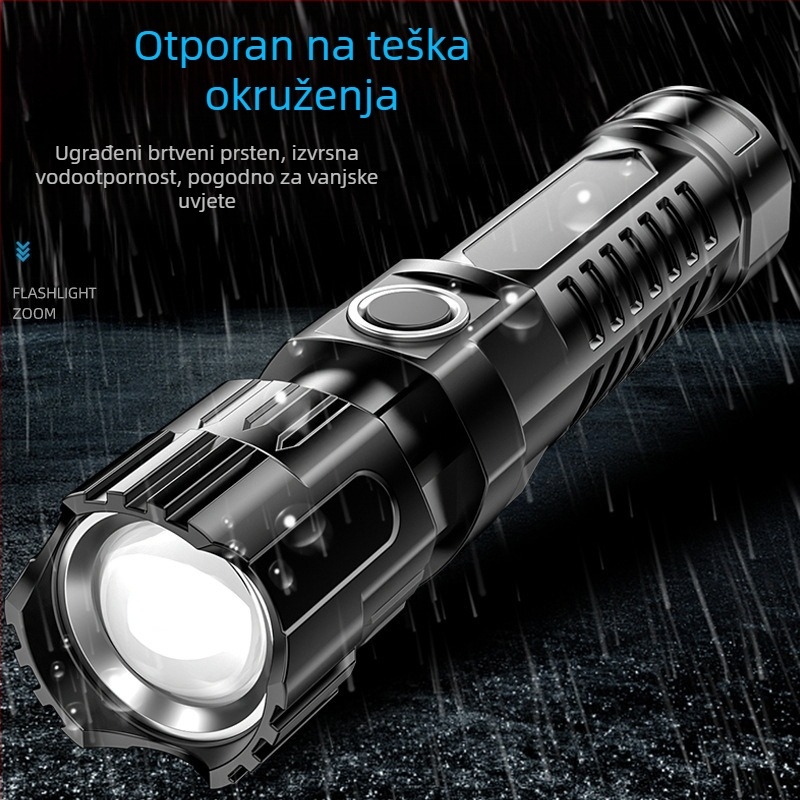Ručna LED baterija s USB punjenjem, teleskopskim zumom i velikim flood svjetlom — ABS kućište, 800 mAh, 3.7V, domet 100–200 m, trajanje 1–2 h