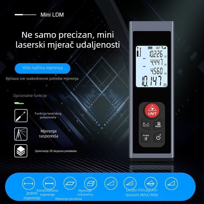 Mini laserski merač udaljenosti i digitalno ravnalo, punjiv, infracrveno mjerenje, visoka preciznost.