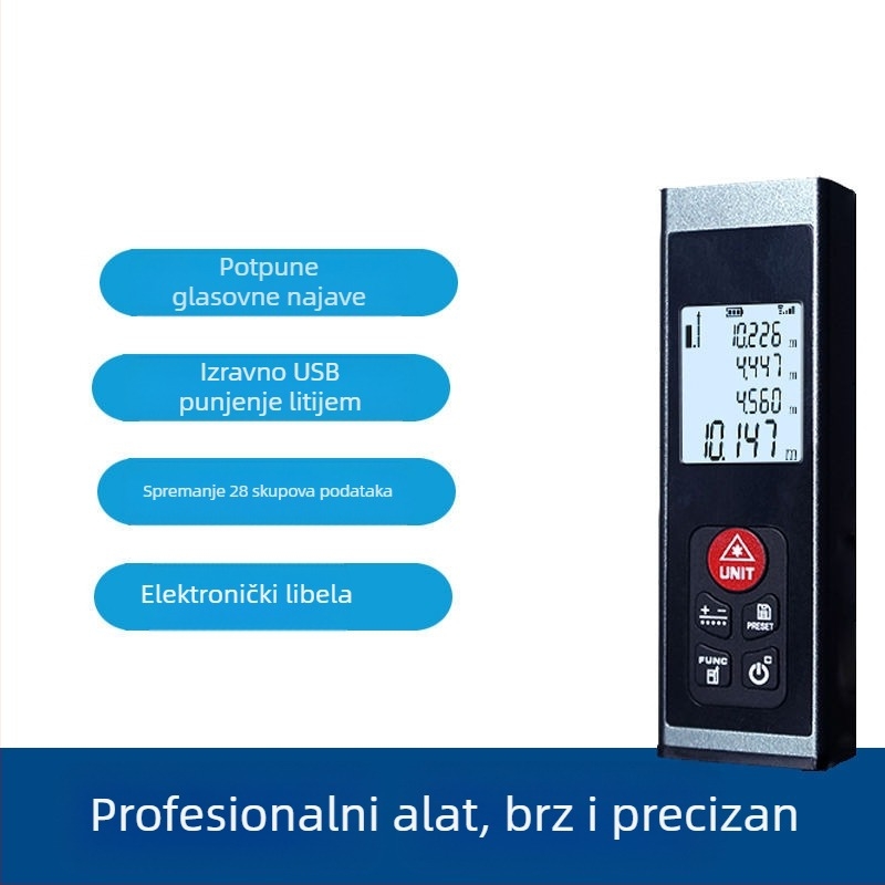 Mini laserski merač udaljenosti i digitalno ravnalo, punjiv, infracrveno mjerenje, visoka preciznost.